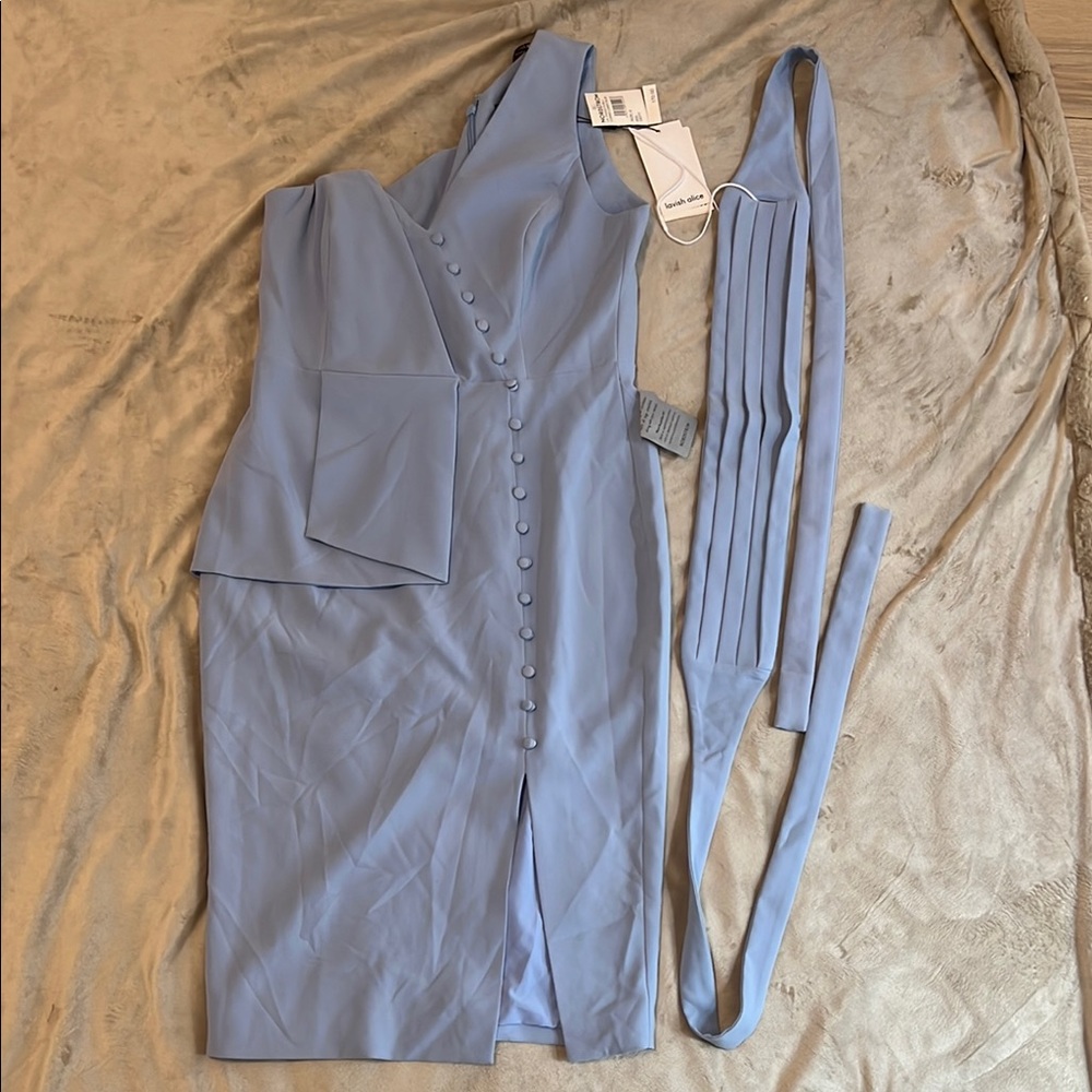 Lavish Alice Blue Button-Down Dress NWT Size 8 w/ Sash Minor Flaw